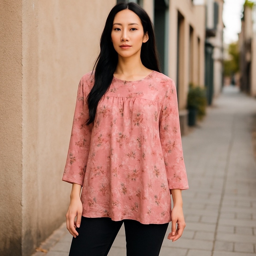 Allegra K Floral Print Tunic Top Womens‎ XL Pink 3/4 Sleeve Ruffle Hem Blouse